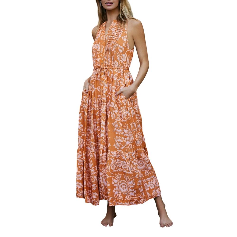 Hermoza Hildi Linen Maxi Dress Orange Floral Pleated NWT M NO BELT